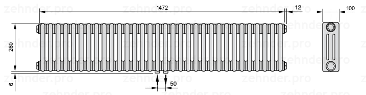 Схема (чертеж) Радиатор Zehnder Charleston 3026/32 №3470 Белый глянцевый RAL 9016